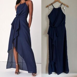 NWOT Ode To Elegance Navy Blue Ruffled Maxi Dress